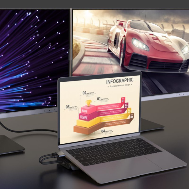 Док станція USB-C 10Gbps, 12-в-1 (слот M2 NVMe/хаб/HDMI/DP/PD/картридер/LAN), сірий