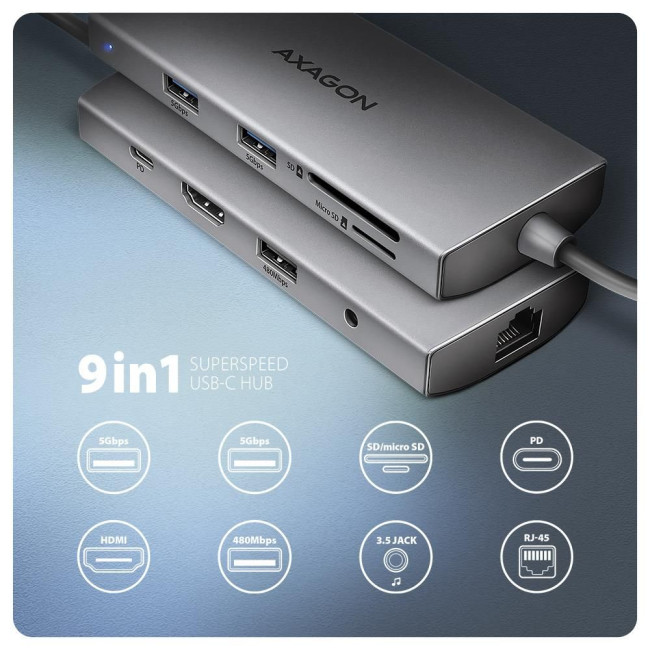 Хаб концентратор AXAGON HMC-8HLSA USB-C 5Гбіт/с 9in1 hub, Сірий