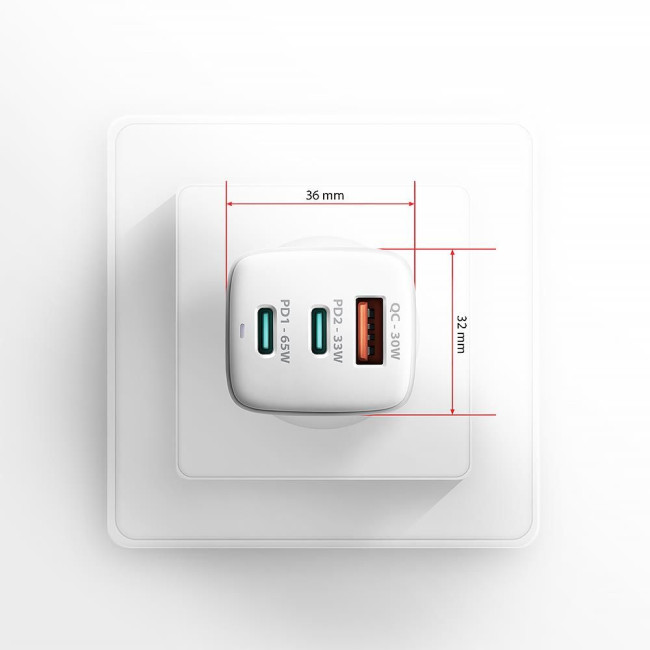 Мережевий зарядний пристрій AXAGON ACU-DPQ65W, 3x port (USB + dual USB-C), PD3.0/QC4+/PPS/Apple, 65W, Білий
