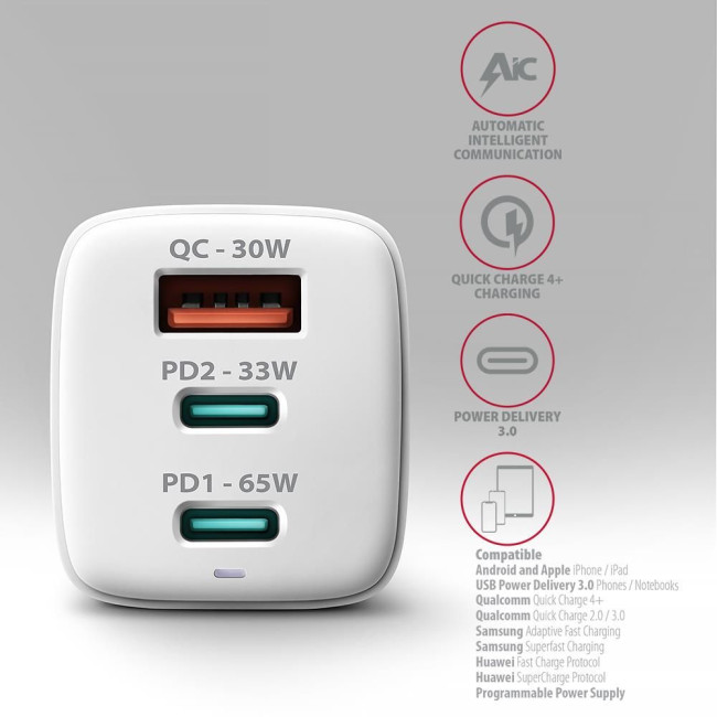 Мережевий зарядний пристрій AXAGON ACU-DPQ65W, 3x port (USB + dual USB-C), PD3.0/QC4+/PPS/Apple, 65W, Білий