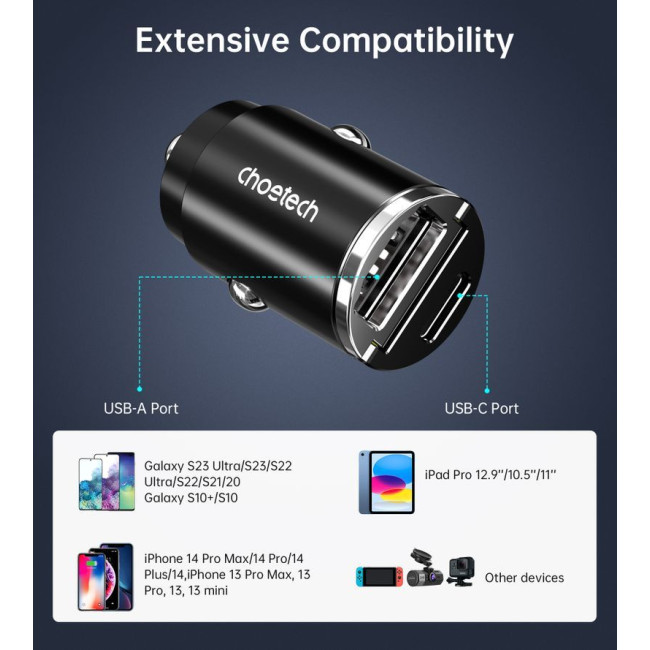 Автомобільний зарядний пристрій, USB-A/USB-C, 30Вт, QC3.0/PD, чорний