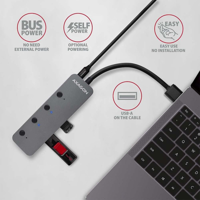 Хаб AXAGON HUE-MSA SuperSpeed USB-A SWITCH hub w. функція зарядки, USB-A кабель 20см, Сірий
