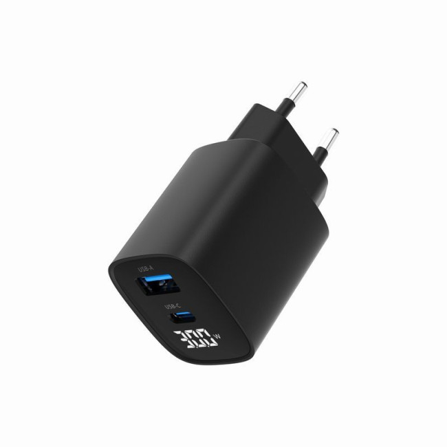 Мережевий ЗП, 1 USB-A (QC3.0 18W) + 1 Type-C (PD20W), LCD, чорний