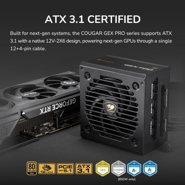 Блок живлення 850 Вт, 80 Plus Gold, Modular, 120 мм Silent Fan, 8SATA + 4PCI-E