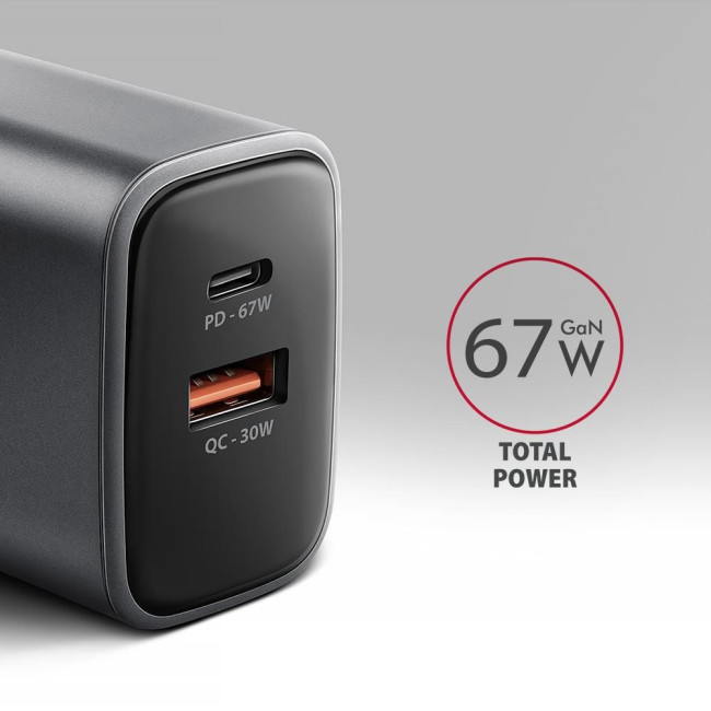 Мережевий зарядний пристрій AXAGON ACU-PQ67, 2x port (USB + USB-C), PD3.0/QC4+/PPS/Apple, 67W, сірий