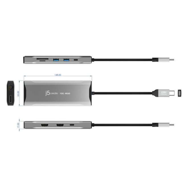 Мультиадаптер USB-C 10Gbps, 9-в-1 (хаб/HDMI/DP/PD/LAN/картридер), сірий