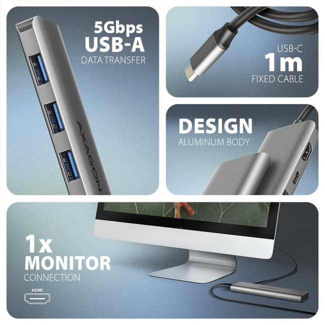 Хаб концентратор AXAGON HMC-5H USB-C 5Гбіт/с 5in1 hub, Сірий