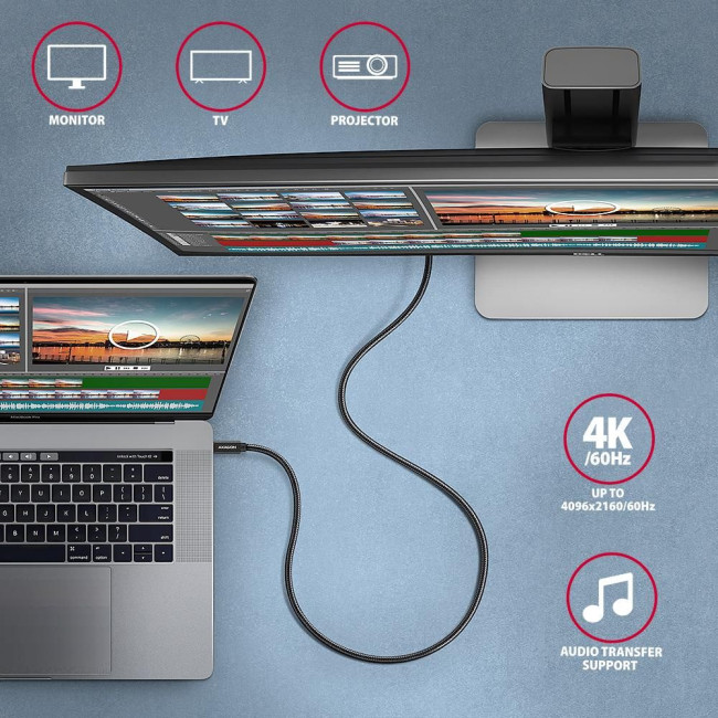 Кабель AXAGON BUCM32-CM20AB USB-C-USB-C 3.2 Gen 2, 2m, PD 100W, 5A, 4K HD, Чорний