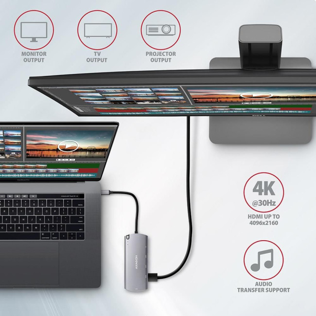 Хаб концентратор AXAGON HMC-7HX2 USB-C 5Гбіт/с DUAL 4K DISPLAY 7in1 hub, Сірий