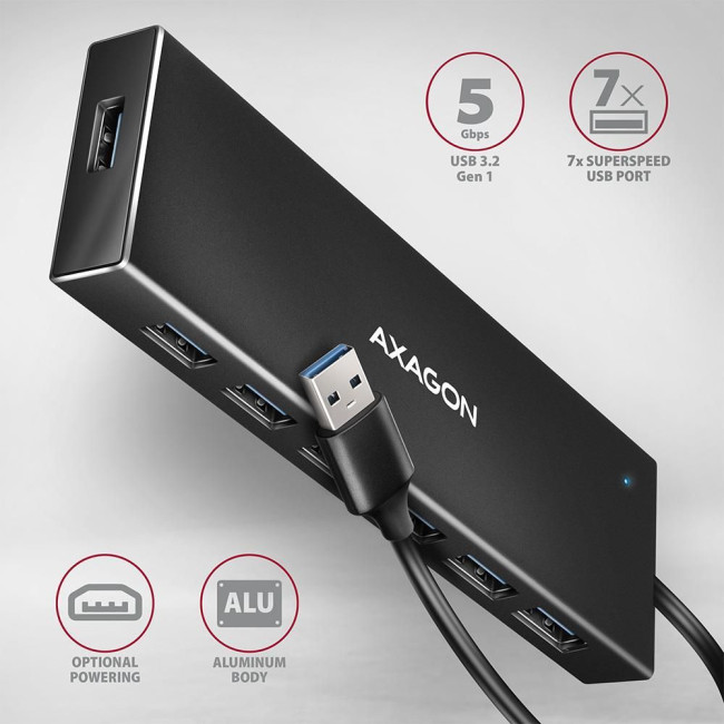 Хаб AXAGON HUE-F7A SuperSpeed USB-A FLAT hub, 1м USB-A , Чорний