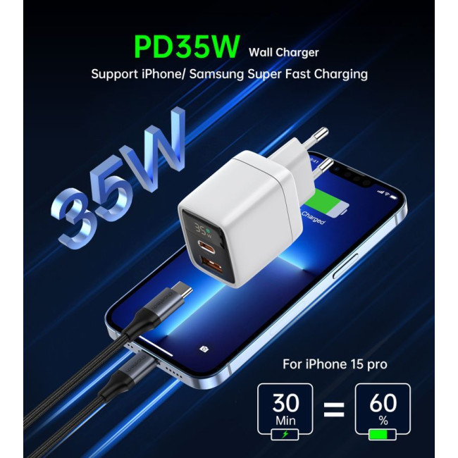 Мережевий зарядний пристрій, GaN, USB-A/USB-C, 35Вт, QC3.0/PD/PPS