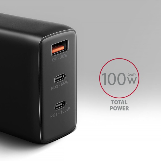 Мережевий зарядний пристрій AXAGON ACU-DPQ100, 3x port (USB + dual USB-C), PD3.0/QC4+/PPS/Apple, 100W, Чорний