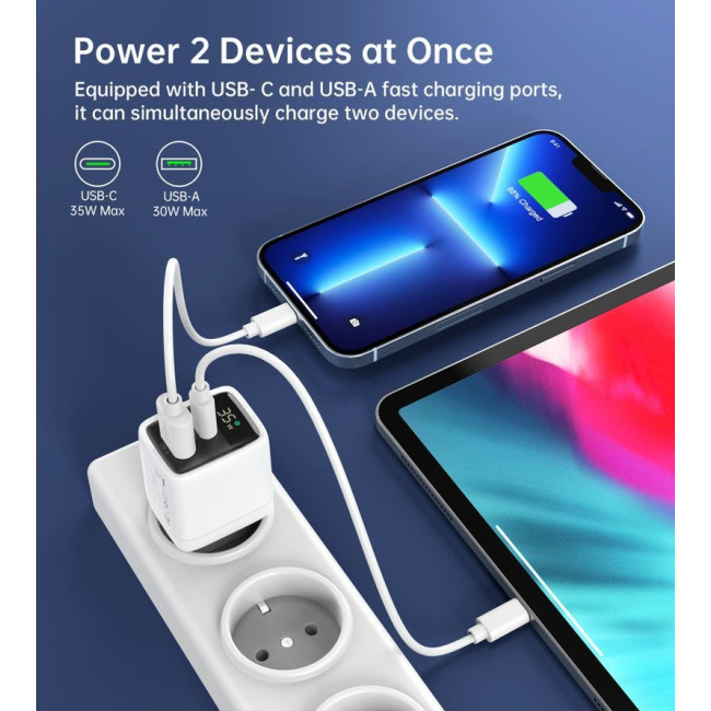 Мережевий зарядний пристрій, GaN, USB-A/USB-C, 35Вт, QC3.0/PD/PPS