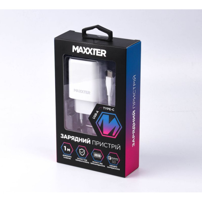 Мережевий зарядний пристрій, 1 USB + кабель USB-A to Type-C (Quick Charge 3.0) 5V/2.4A-9V/1.2A