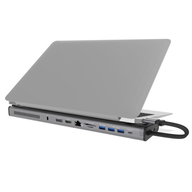 Док станція USB-C 10Gbps, 12-в-1 (слот M2 NVMe/хаб/HDMI/DP/PD/картридер/LAN), сірий