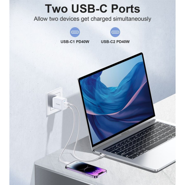 Мережевий зарядний пристрій, 2 USB-C, 40Вт, PD/QC/PPS