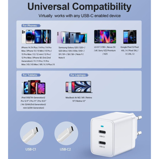 Мережевий зарядний пристрій, 2 USB-C, 40Вт, PD/QC/PPS