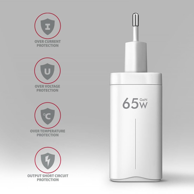 Мережевий зарядний пристрій AXAGON ACU-DPQ65W, 3x port (USB + dual USB-C), PD3.0/QC4+/PPS/Apple, 65W, Білий