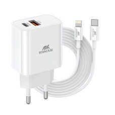 Мережевий зарядний пристрій, 2х USB-А + Type-C, PD 20W+QC3.0, кабель Type-C-Lighting, білий