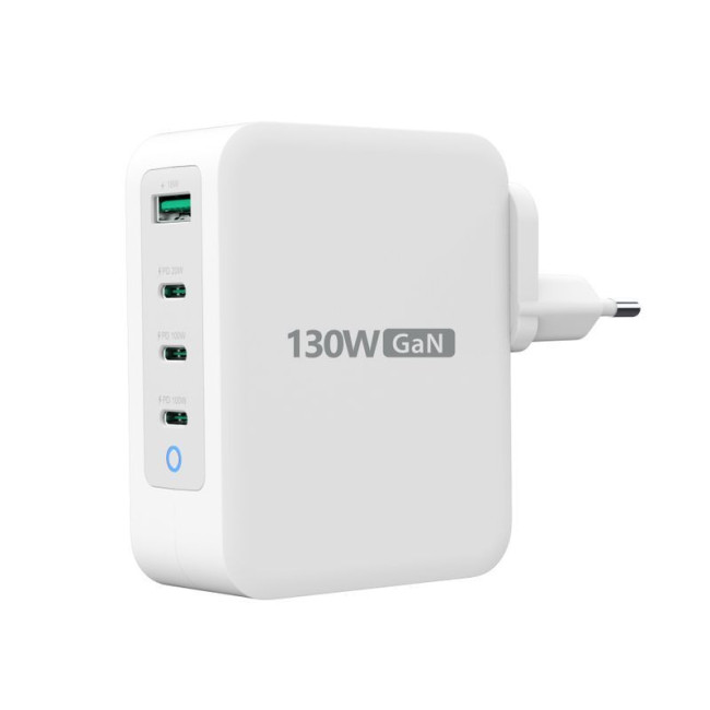 Мережевий зарядний пристрій, GaN, 1 USB-A / 3 USB-C, 130Вт, QC3.0/PD/PPS