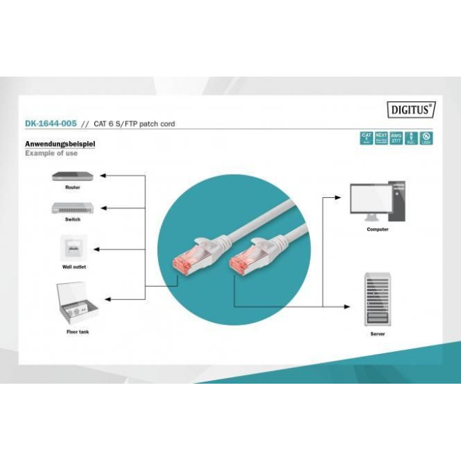 Патч-корд DIGITUS CAT 6 S-FTP, 0,5м, AWG 27/7, Cu, LSZH, сірий DK-1644-005