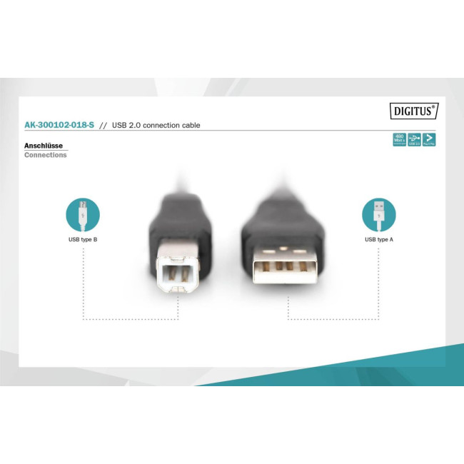 Кабель USB, тип A - B M/M, 1,8 м, чорний AK-300102-018-S DIGITUS by ASSMANN