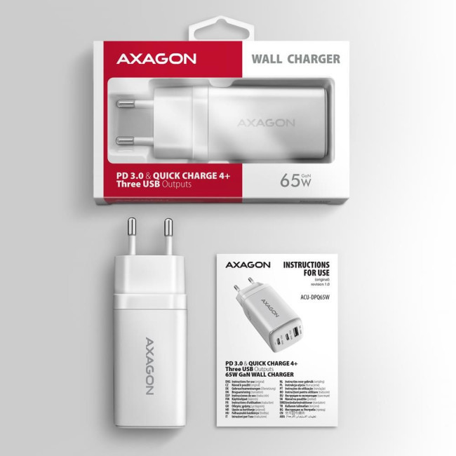 Мережевий зарядний пристрій AXAGON ACU-DPQ65W, 3x port (USB + dual USB-C), PD3.0/QC4+/PPS/Apple, 65W, Білий