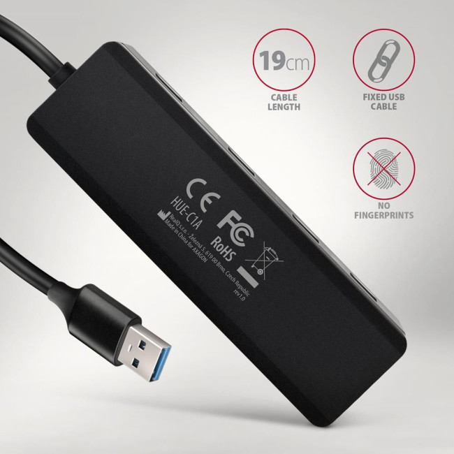 Хаб AXAGON HUE-C1A USB-A 5Гбіт/с TRAVEL hub, 20см Type-A, Чорний