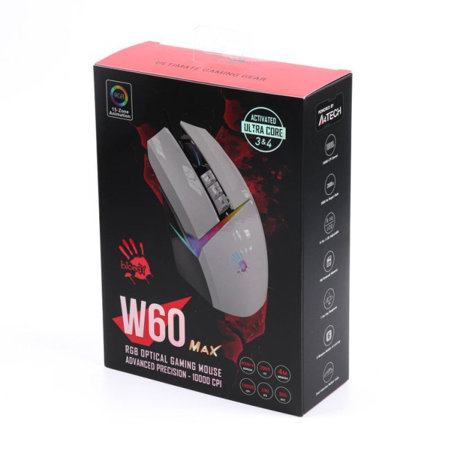 Ігрова миша Bloody Activated, RGB, 10000 CPI, 50M натискань, чорний + білий
