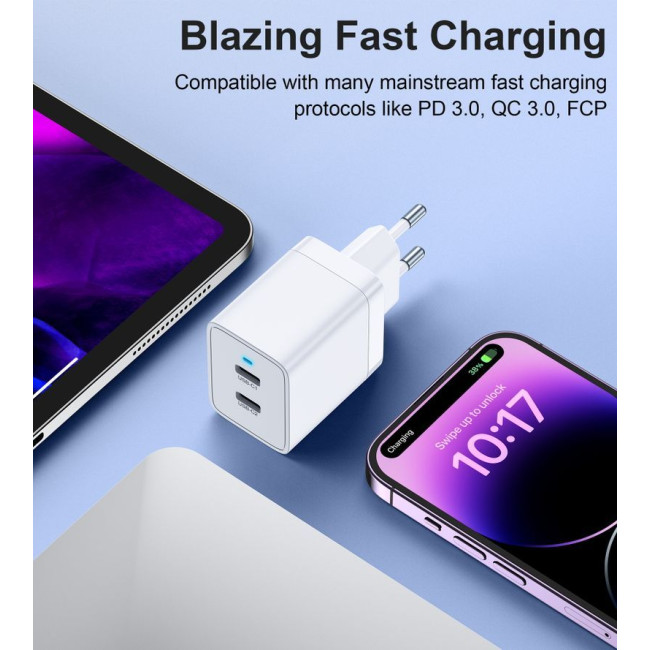 Мережевий зарядний пристрій, 2 USB-C, 40Вт, PD/QC/PPS