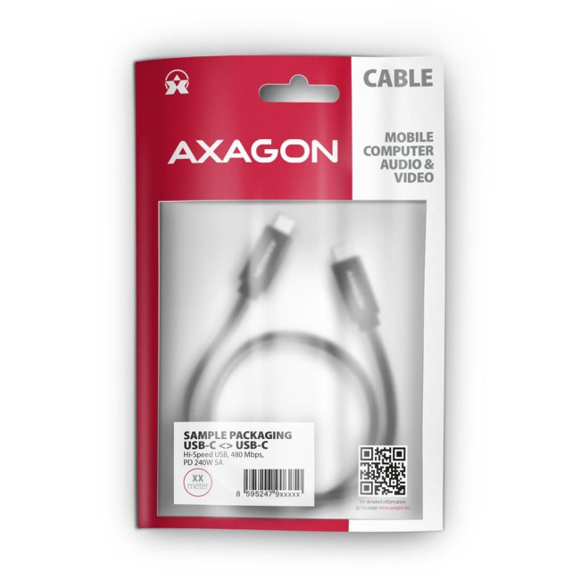 Кабель AXAGON BUCM2-CM20AB USB-C-USB-C 2.0, 2м, PD 240W 5A, Чорний