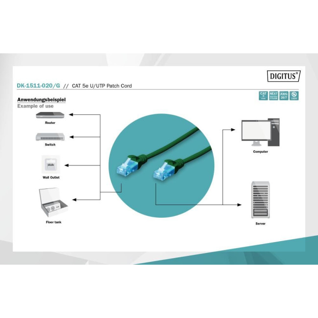 Патч-корд CAT 5e U-UTP, Cu, PVC AWG 26/7, довжина 2 м, колір зелений DK-1511-020/G DIGITUS by ASSMANN