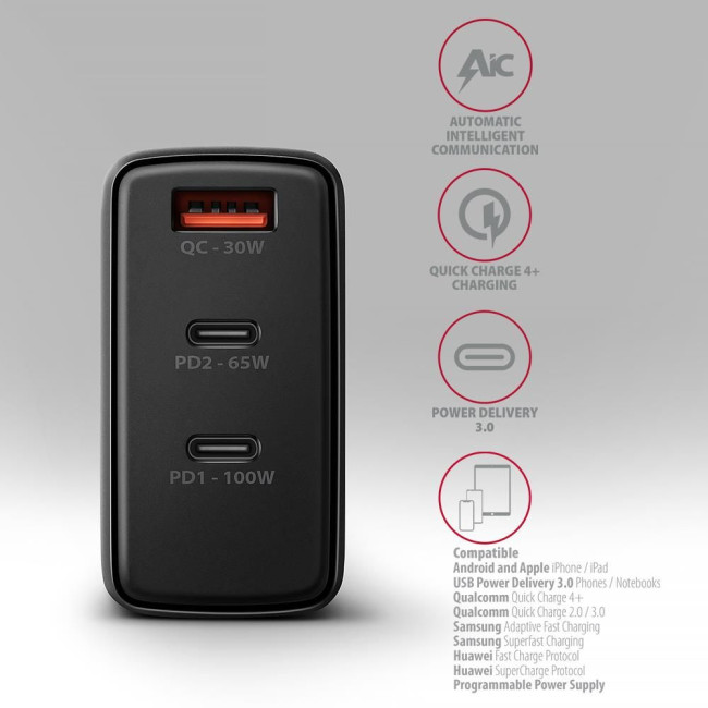 Мережевий зарядний пристрій AXAGON ACU-DPQ100, 3x port (USB + dual USB-C), PD3.0/QC4+/PPS/Apple, 100W, Чорний