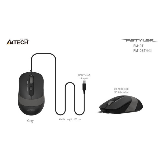 Миша дротова безшумна Fstyler, USB, 1600 dpi, сірий