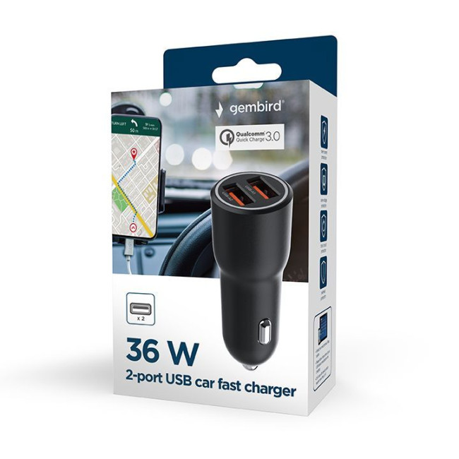 Автомобільний ЗП, 2xUSB-A (18W QC3.0), чорний