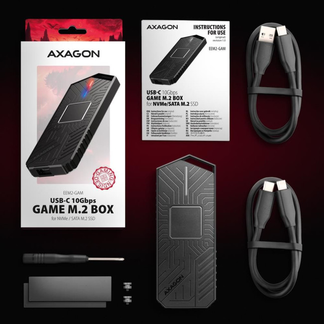 Зовнішній карман для SSD-накопичувачів AXAGON EEM2-GAM USB-C 10Gbps - M.2 NVMe & SATA SSD GAME M.2 box