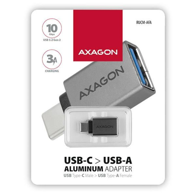 Адаптер AXAGON RUCM-AFA USB 3.0 Type-C Male-Type-A рамка алюмінієва, Сірий