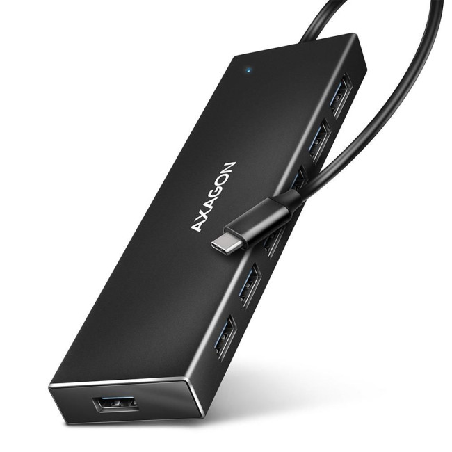 Хаб AXAGON HUE-F7C SuperSpeed USB-C FLAT CHARGING hub, кабель 30см USB-C, Чорний