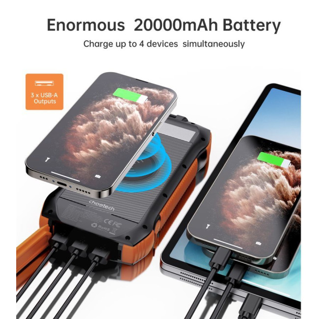 Портативний зарядний пристрій, 20000 mAh, PD20W+QC18W, сонячна панель, QI, LED лампа