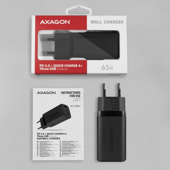 Мережевий зарядний пристрій AXAGON ACU-DPQ65, 3x port (USB + dual USB-C), PD3.0/QC4+/PPS/Apple, 65W, Чорний