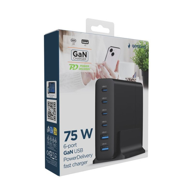Мережевий ЗП, 2xUSB-A (QC3.0 18W)+4xType-C (PD 25W), чорний