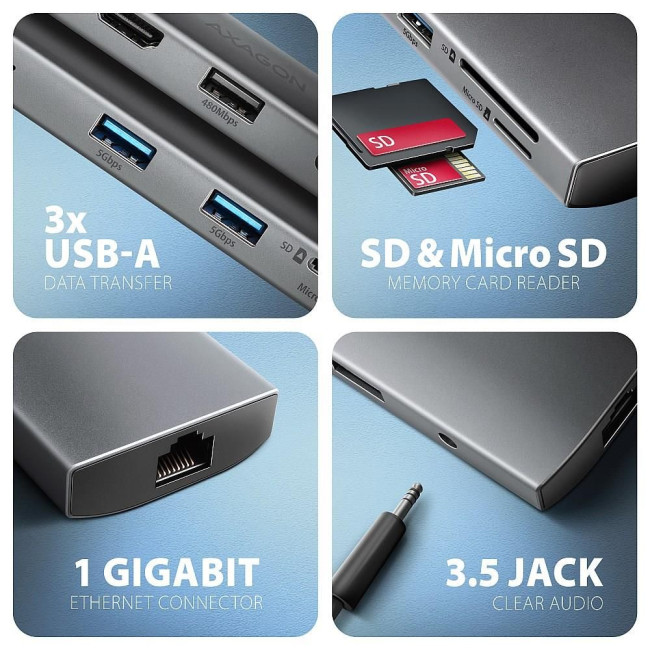 Хаб концентратор AXAGON HMC-8HLSA USB-C 5Гбіт/с 9in1 hub, Сірий