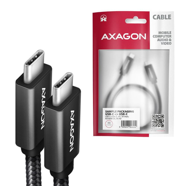 Кабель AXAGON BUCM32-CM10AB USB-C-USB-C 3.2 Gen 2, 1m, PD 100W, 5A, 4K HD,Чорний