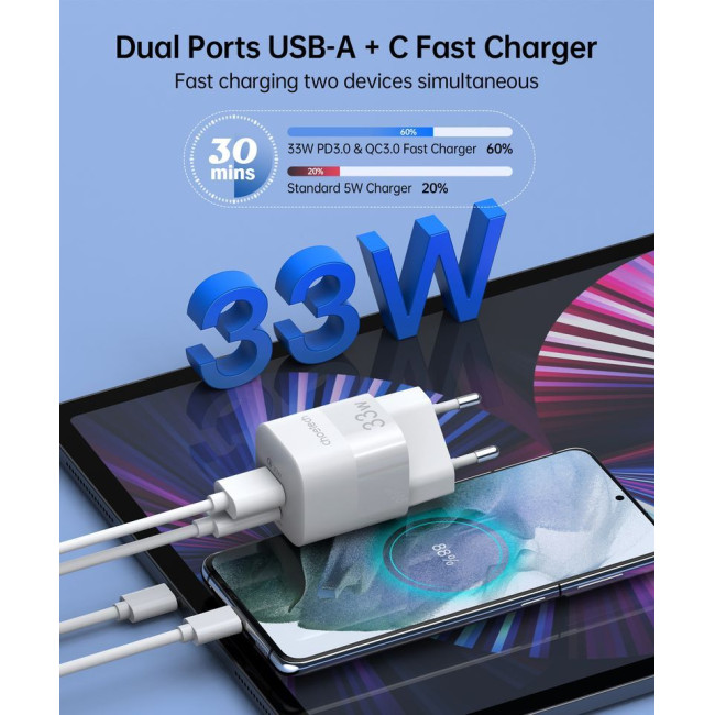 Мережевий зарядний пристрій, GaN, USB-A/USB-C, 33Вт, QC3.0/PD/PPS