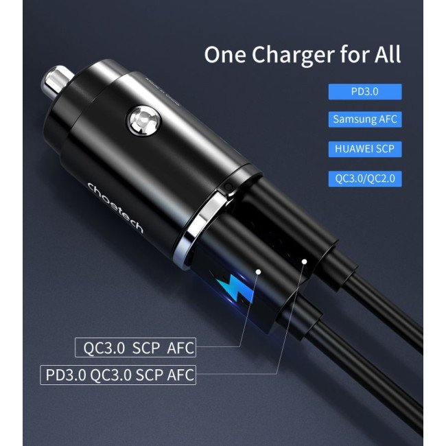 Автомобільний зарядний пристрій, USB-A/USB-C, 30Вт, QC3.0/PD, чорний