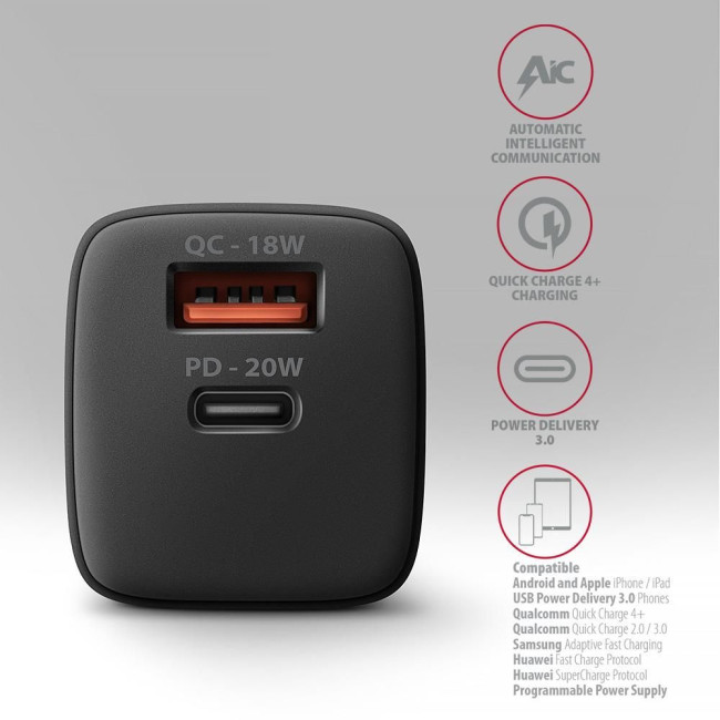 Мережевий зарядний пристрій AXAGON ACU-PQ20, QC3.0/AFC/FCP + PD type-C, 20W, Чорний