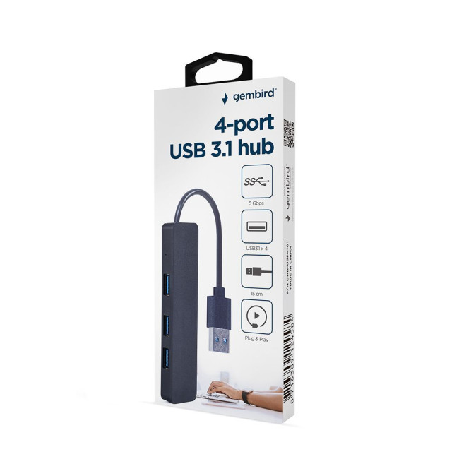 Хаб Gembird на 4 порти USB 3.0, пластик, чорний