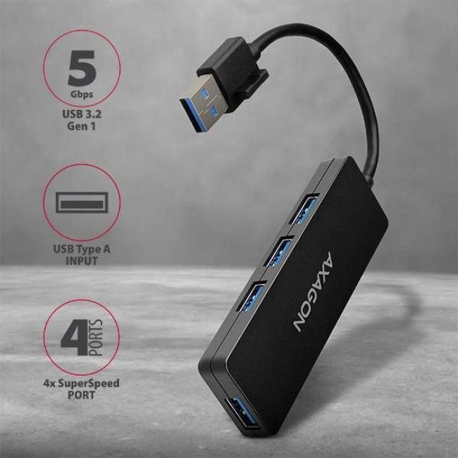 Хаб AXAGON HUE-G1A SuperSpeed USB SLIM hub, кабель 14см Type-A, Чорний