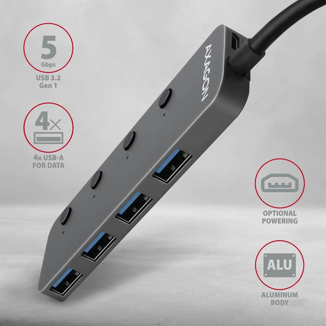 Хаб AXAGON HUE-MSA SuperSpeed USB-A SWITCH hub w. функція зарядки, USB-A кабель 20см, Сірий
