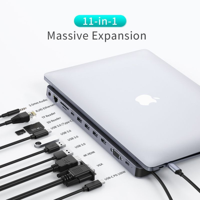 Док станція USB-C 11-в-1 (HDMI/VGA/LAN/картридер/USB-A/USB-C/Audio), алюміній